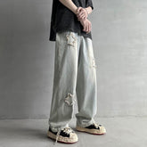 Men Jeans Five-Pointed Star Summer Washed-out Vintage Wide Leg Denim Trousers